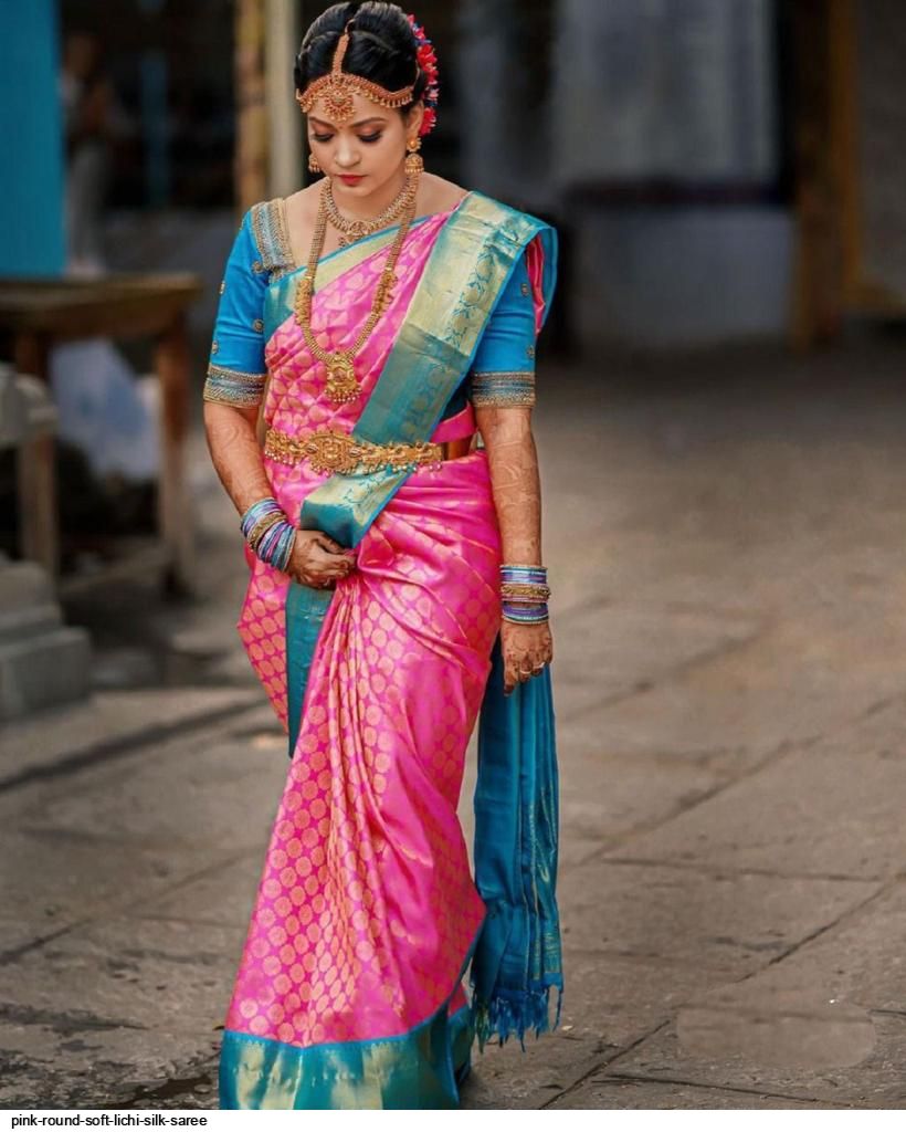PINK ROUND SOFT LICHI SILK SAREE