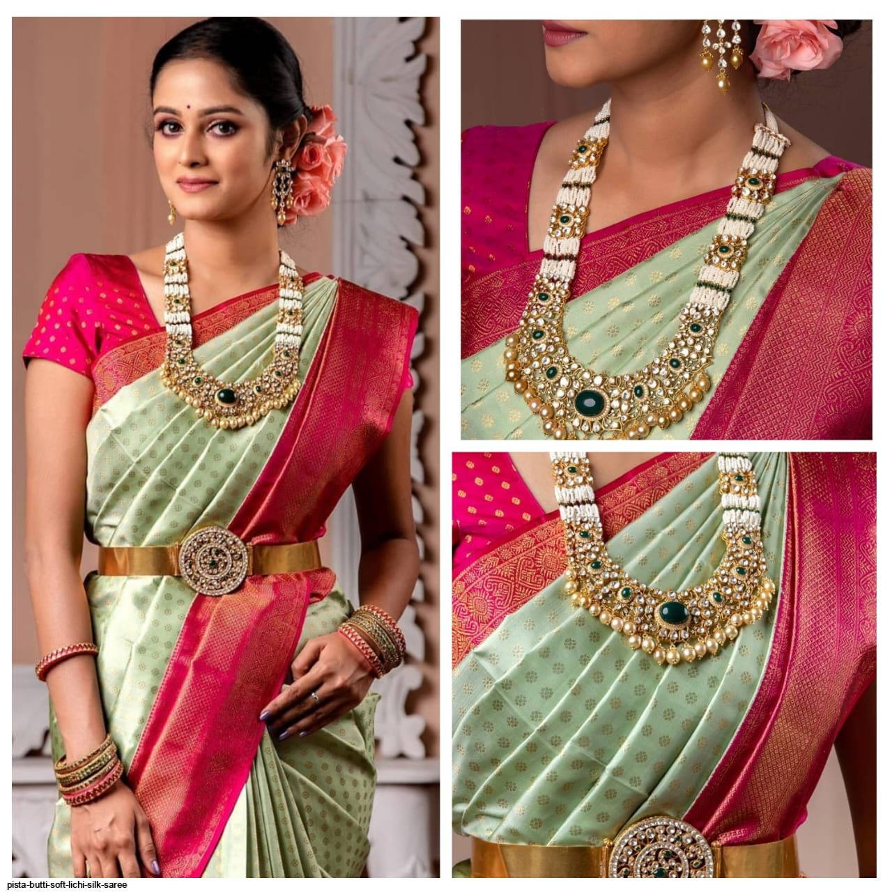 PISTA BUTTI SOFT LICHI SILK SAREE