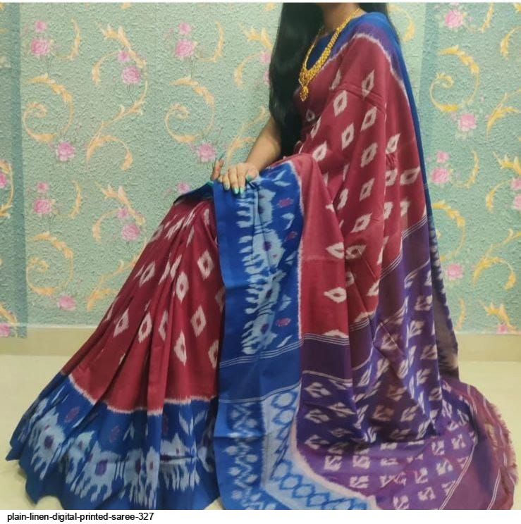 Blue Linen Handloom Plain Saree - Buy Now