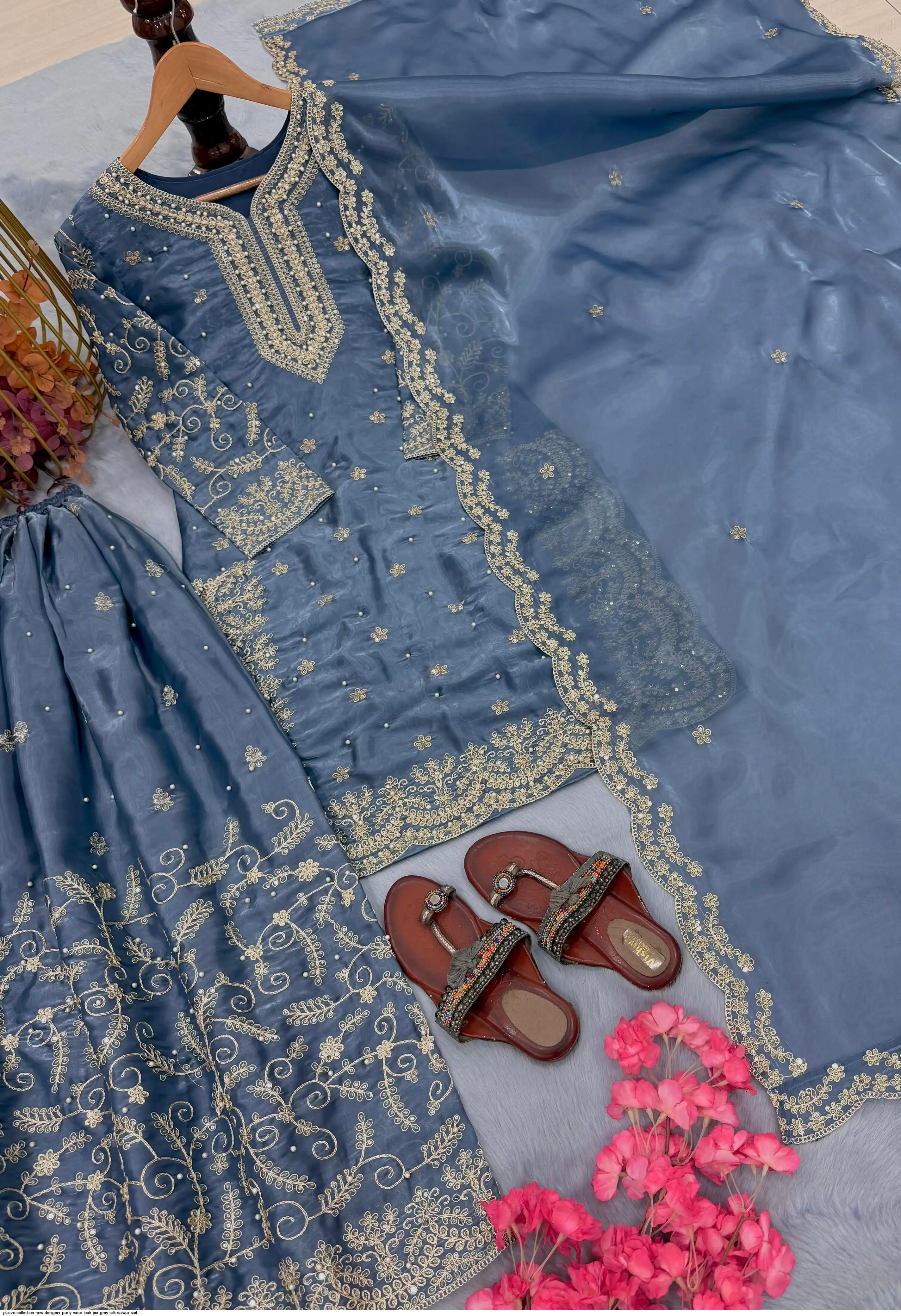PLAZZO COLLECTION NEW DESIGNER PARTY WEAR LOOK PUR GMY SILK SALWAR SUIT 4