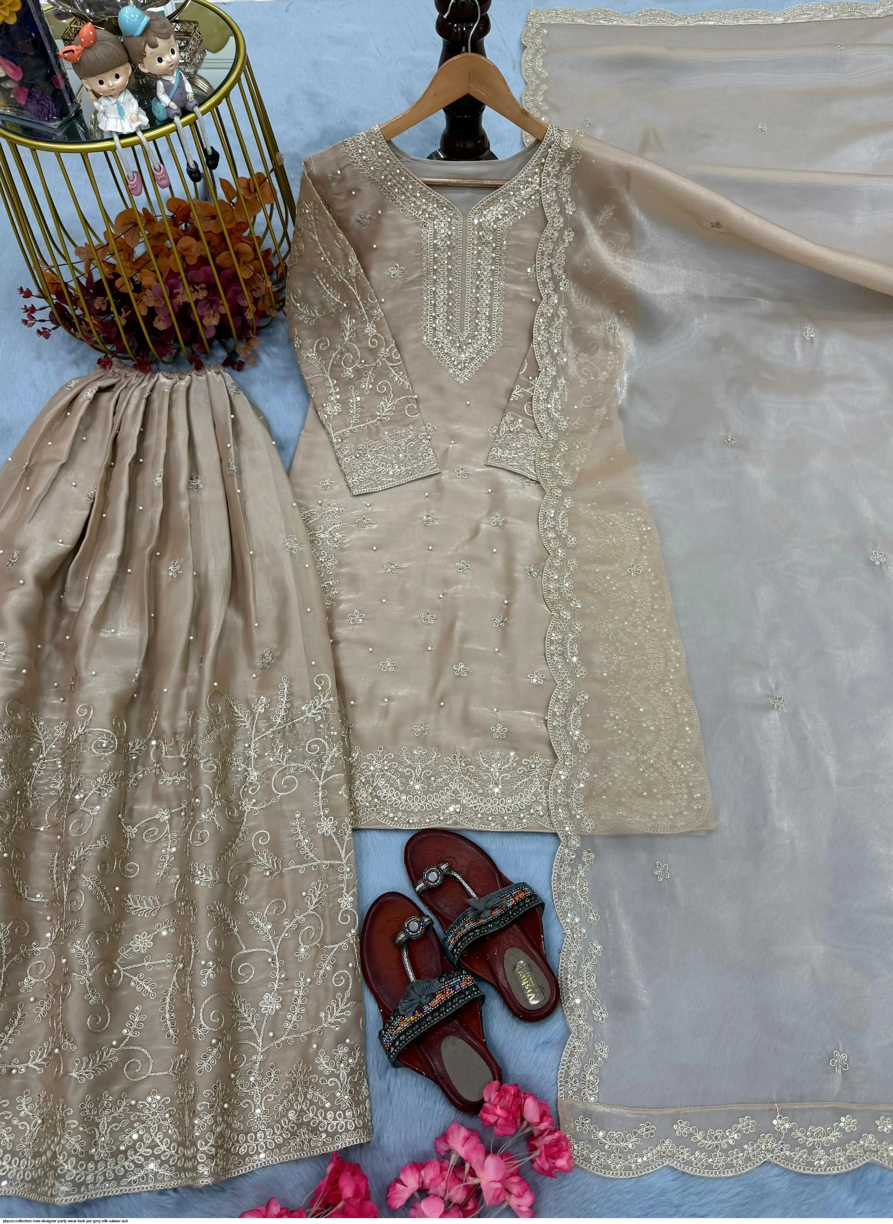 PLAZZO COLLECTION NEW DESIGNER PARTY WEAR LOOK PUR GMY SILK SALWAR SUIT 5