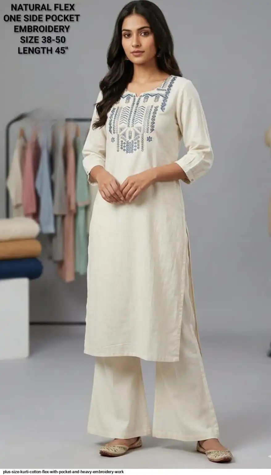 PLUS SIZE KURTI COTTON FLEX WITH POCKET AND HEAVY EMBROIDERY WORK F
