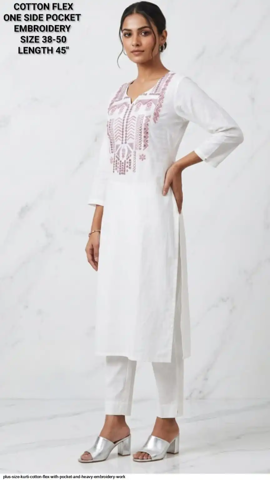 PLUS SIZE KURTI COTTON FLEX WITH POCKET AND HEAVY EMBROIDERY WORK D