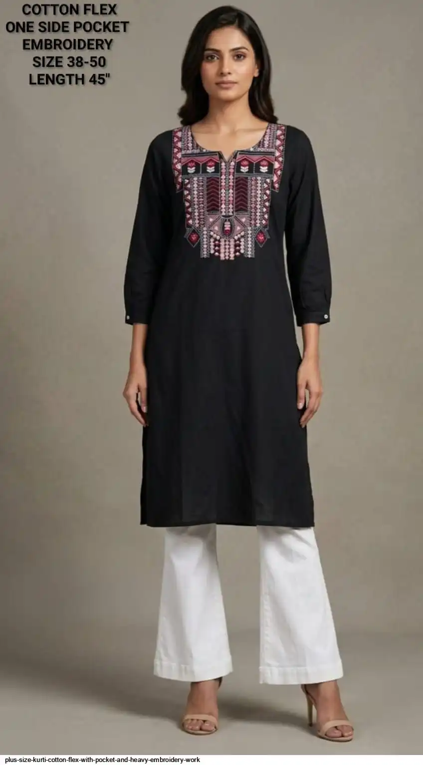 PLUS SIZE KURTI COTTON FLEX WITH POCKET AND HEAVY EMBROIDERY WORK E