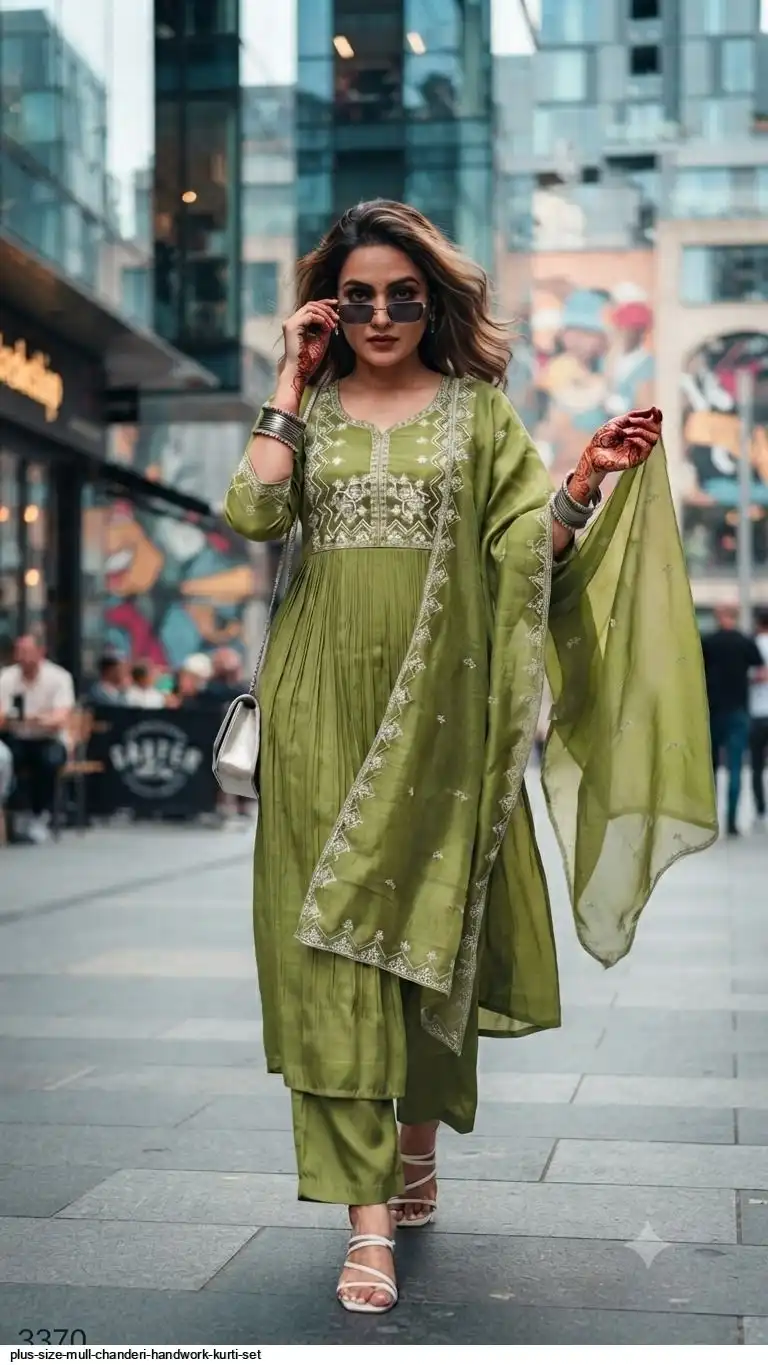 PLUS SIZE MULL CHANDERI HANDWORK KURTI SET A