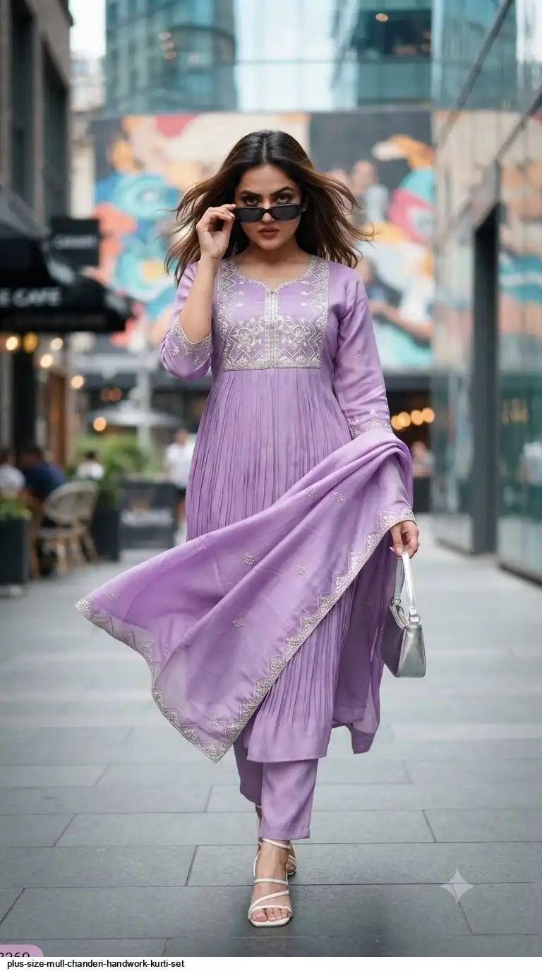 PLUS SIZE MULL CHANDERI HANDWORK KURTI SET B