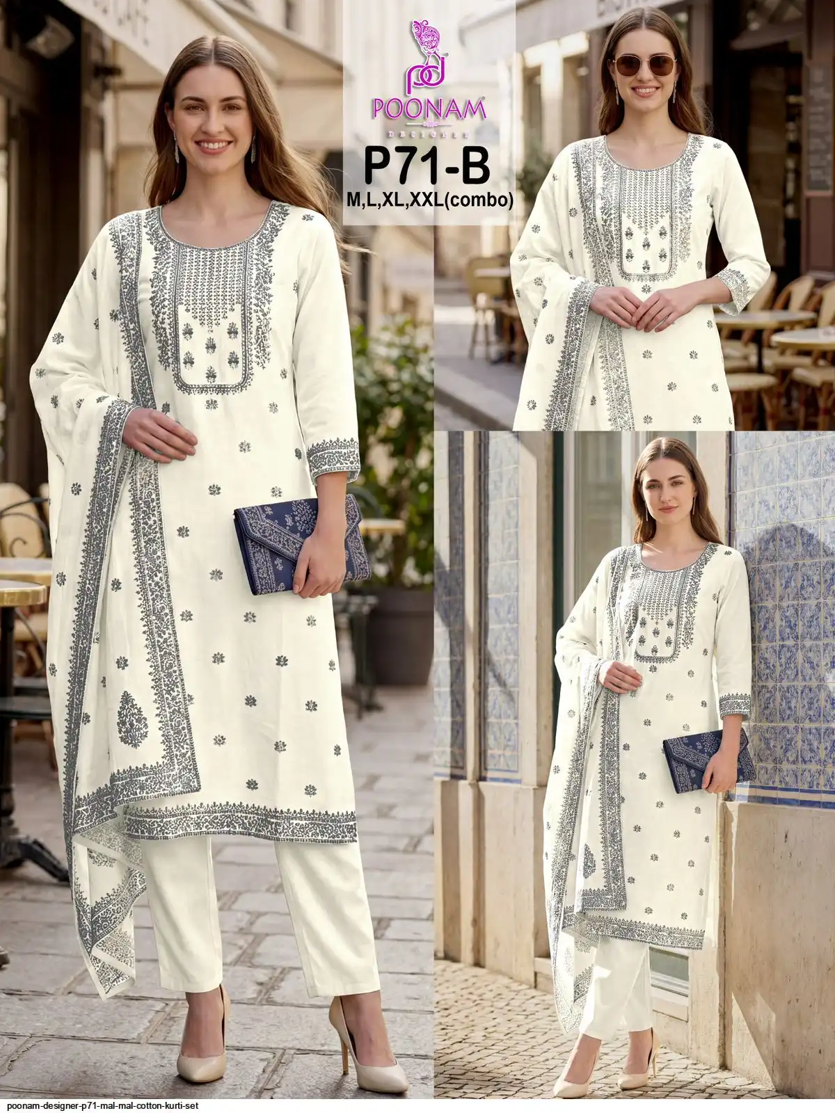 POONAM DESIGNER P71 MAL MAL COTTON KURTI SET A