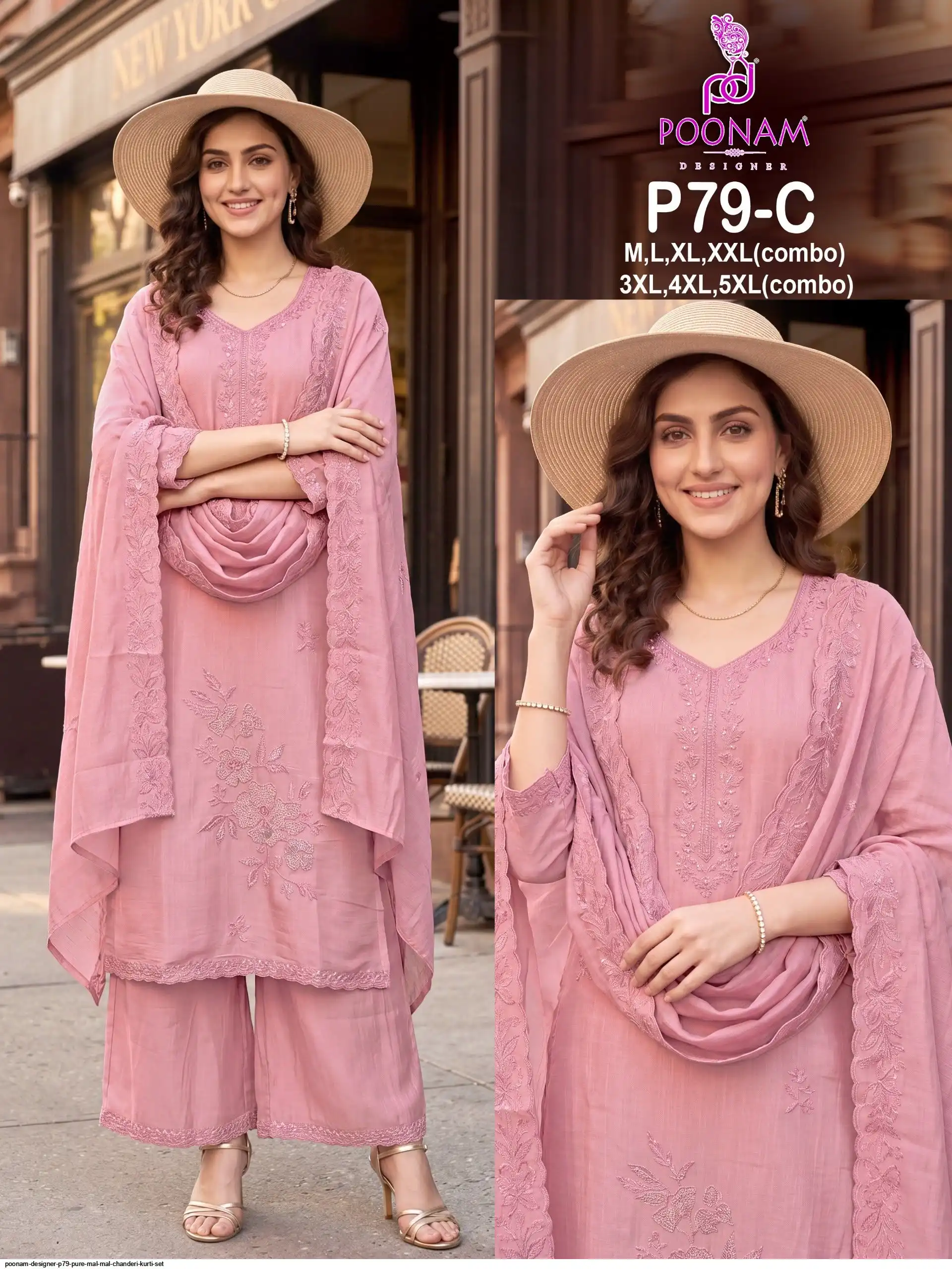 POONAM DESIGNER P79 PURE MAL MAL CHANDERI KURTI SET C