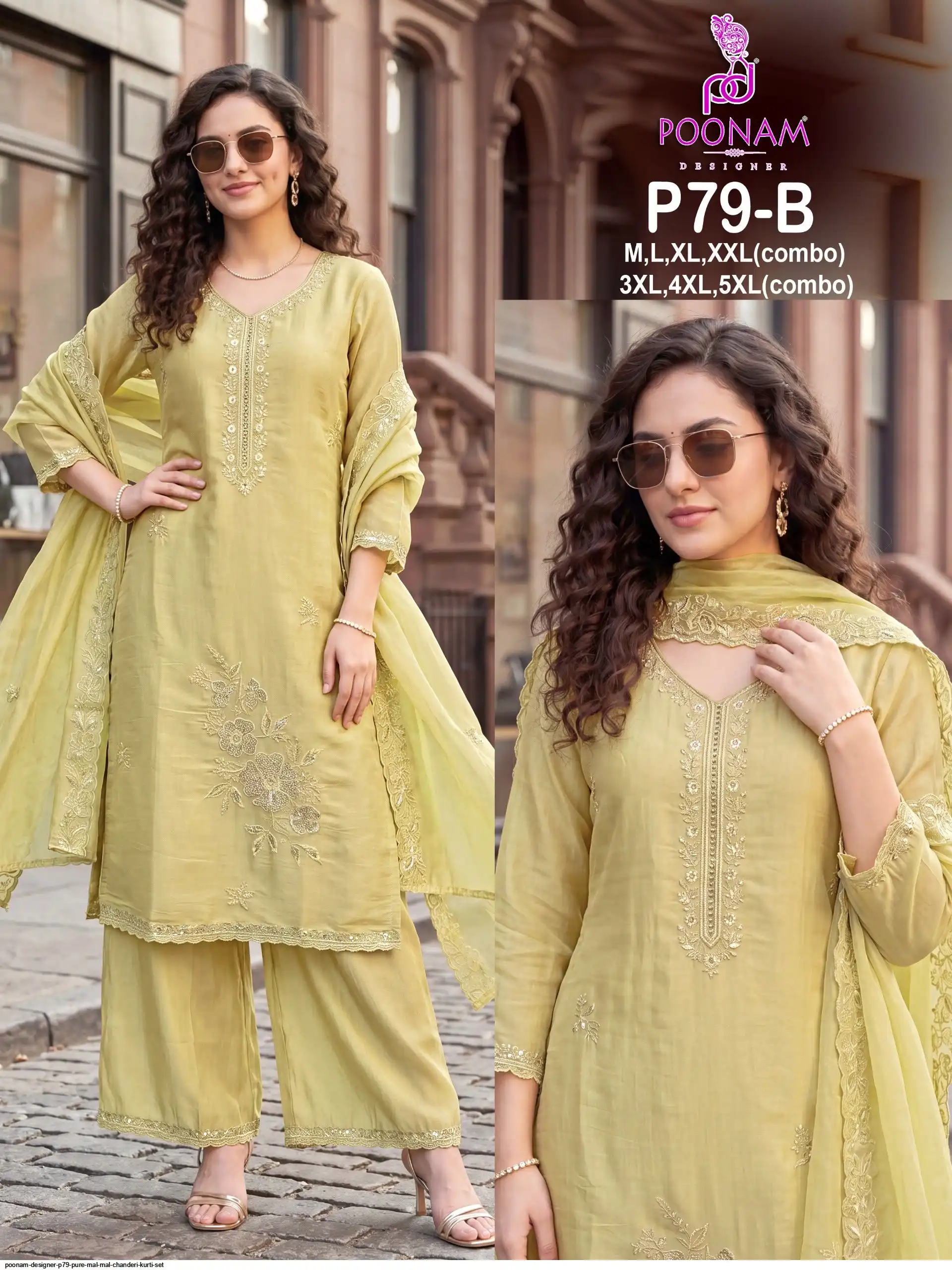 POONAM DESIGNER P79 PURE MAL MAL CHANDERI KURTI SET B