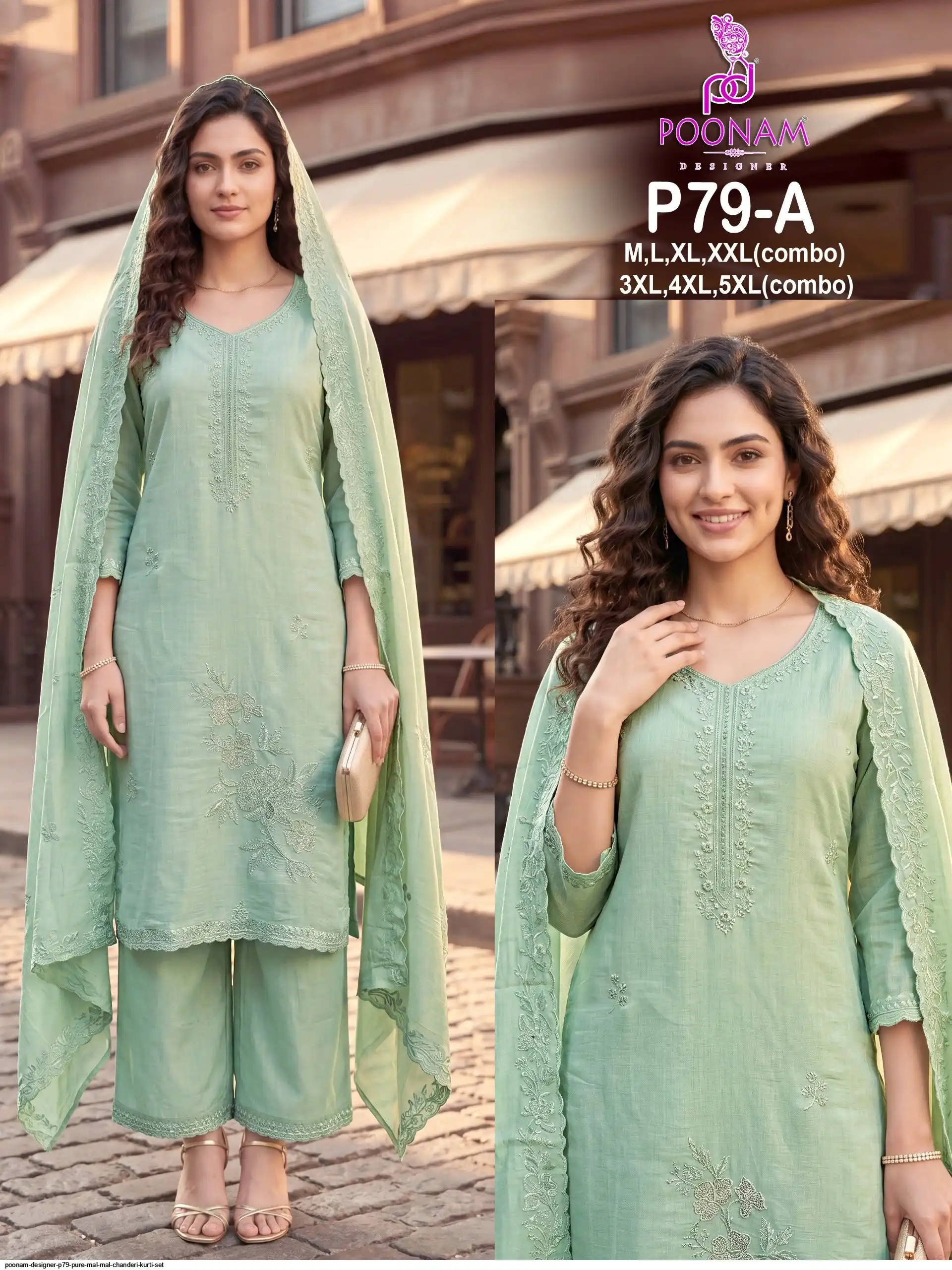 POONAM DESIGNER P79 PURE MAL MAL CHANDERI KURTI SET A