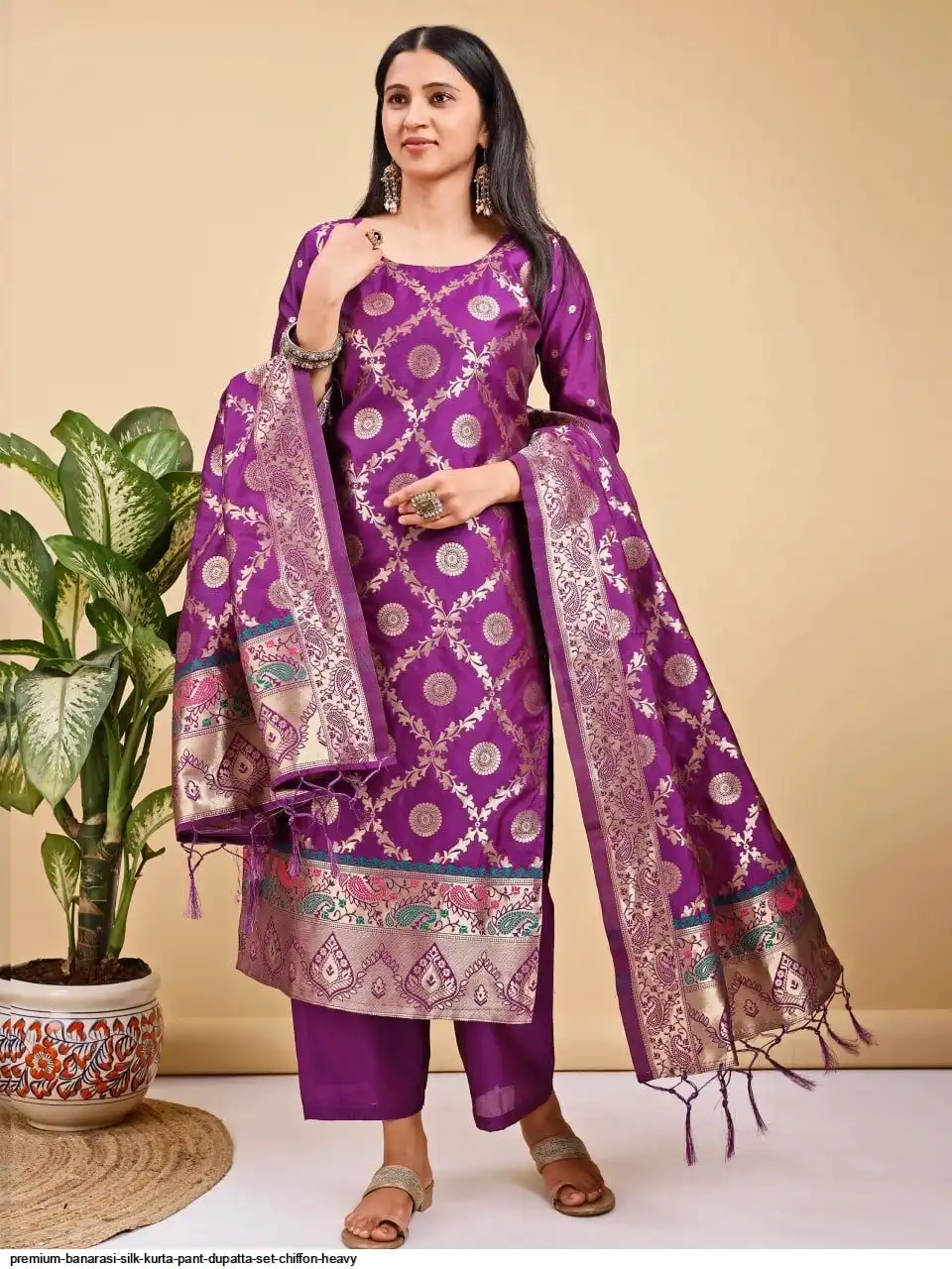 PREMIUM BANARASI SILK KURTA PANT DUPATTA SET CHIFFON HEAVY 2