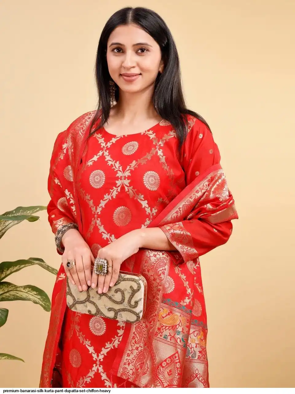 PREMIUM BANARASI SILK KURTA PANT DUPATTA SET CHIFFON HEAVY 3