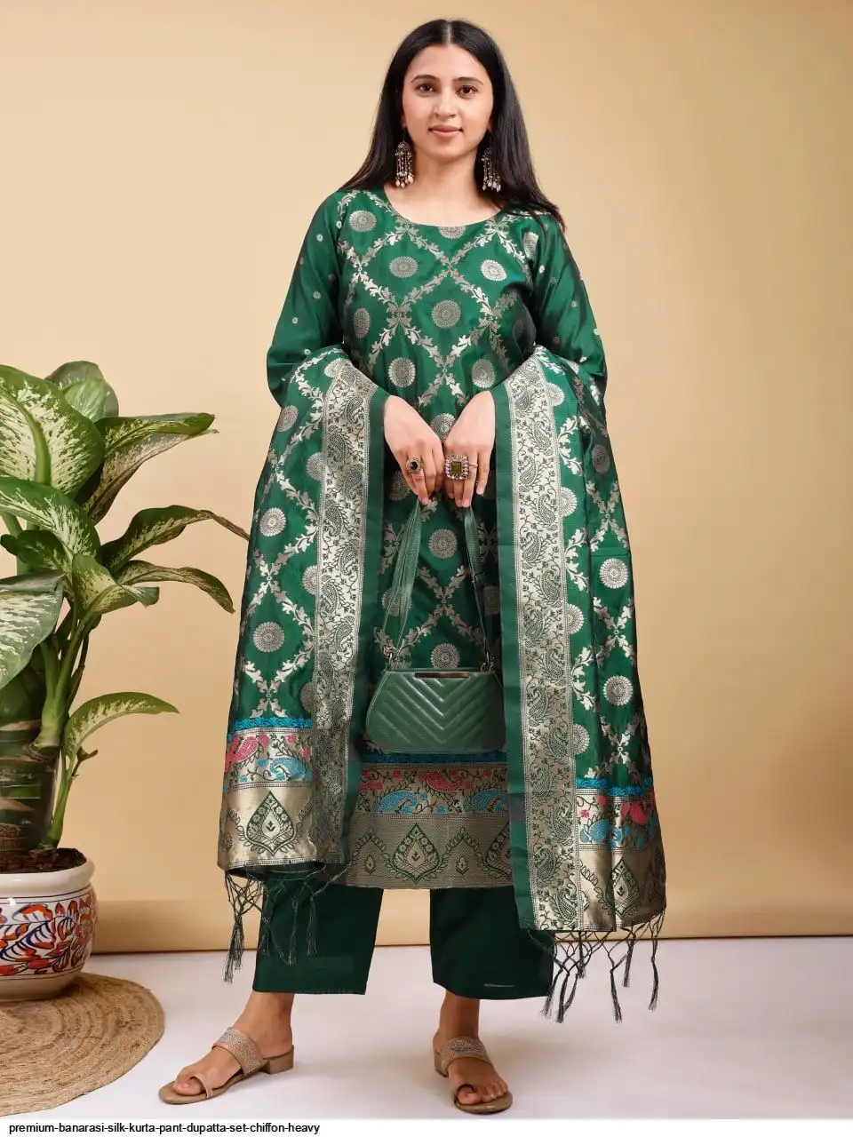 PREMIUM BANARASI SILK KURTA PANT DUPATTA SET CHIFFON HEAVY 4