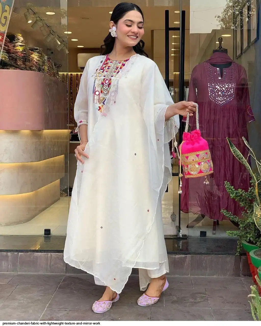 PREMIUM CHANDERI FABRIC WITH LIGHTWEIGHT TEXTURE AND MIRROR WORK 2