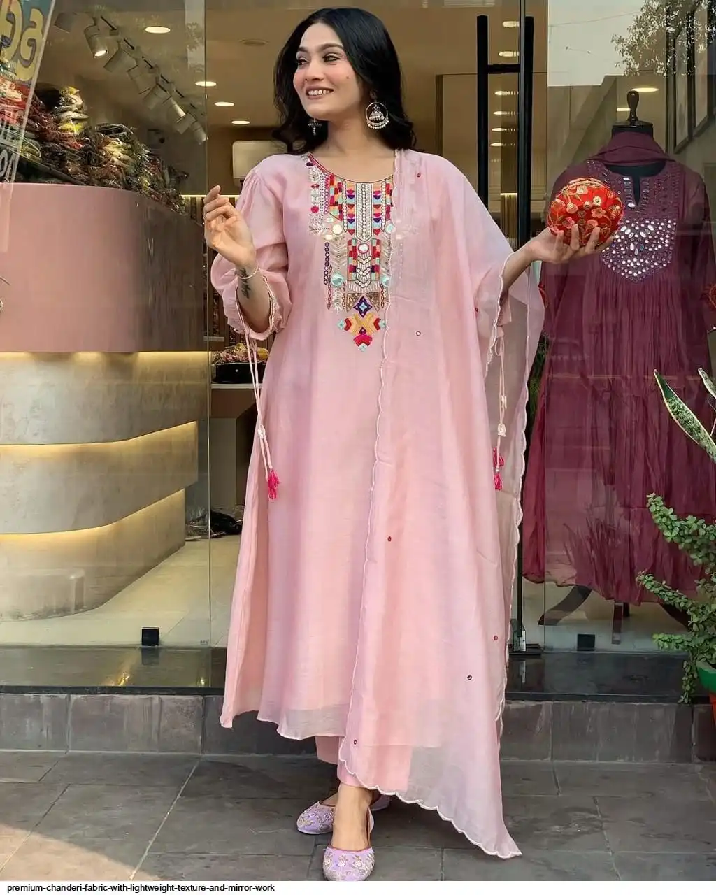 PREMIUM CHANDERI FABRIC WITH LIGHTWEIGHT TEXTURE AND MIRROR WORK 3