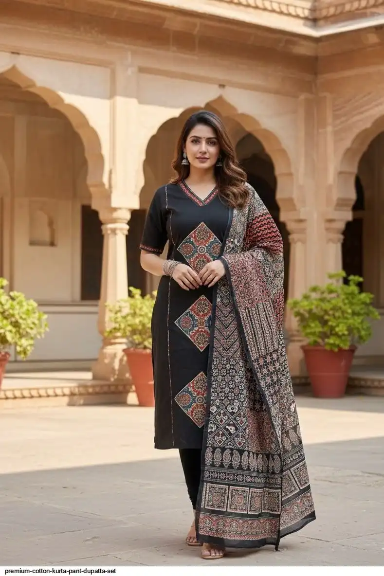PREMIUM COTTON KURTA PANT DUPATTA SET C