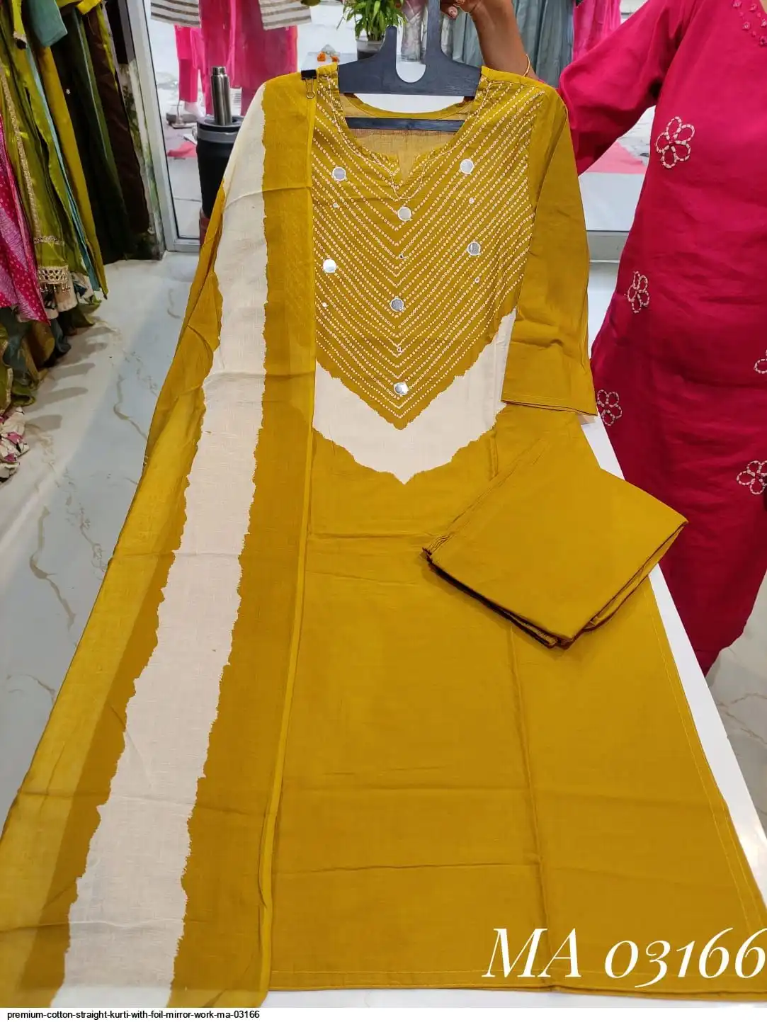 PREMIUM COTTON STRAIGHT KURTI WITH FOIL MIRROR WORK MA 03166 B