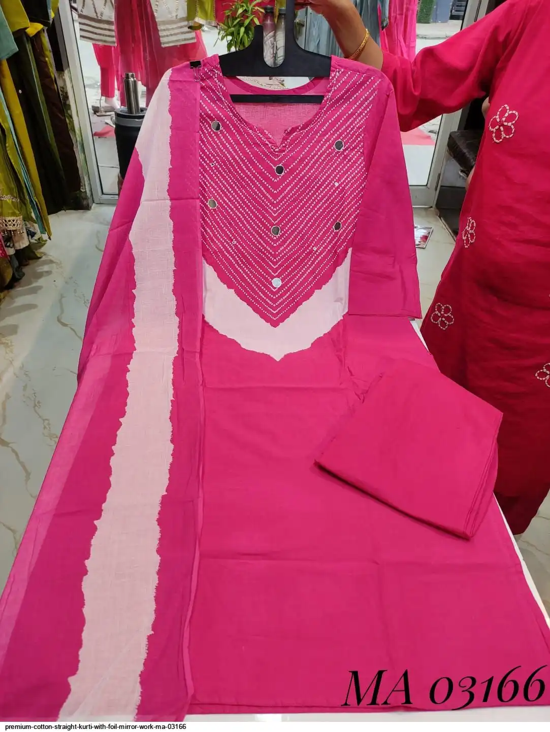PREMIUM COTTON STRAIGHT KURTI WITH FOIL MIRROR WORK MA 03166 A