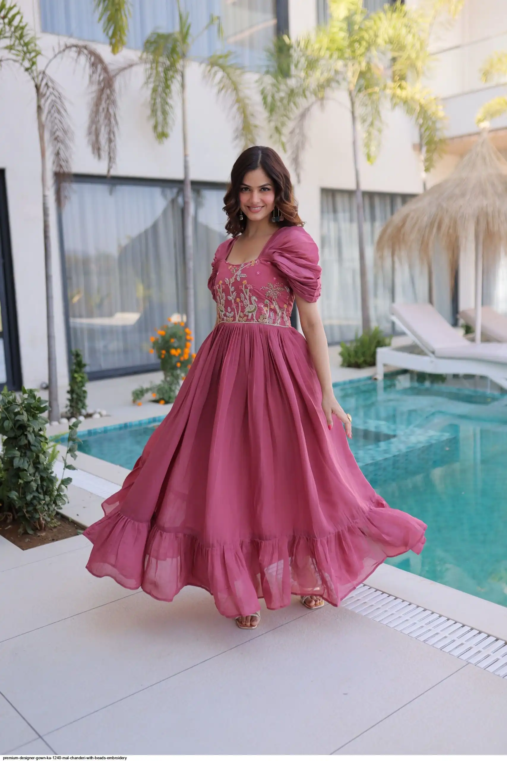 PREMIUM DESIGNER GOWN KA 1240 MAL CHANDERI WITH BEADS EMBROIDERY 1