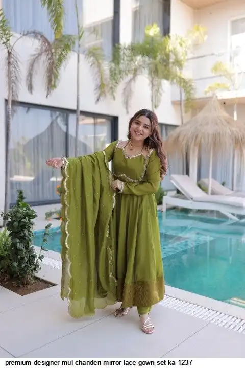 PREMIUM DESIGNER MUL CHANDERI MIRROR LACE GOWN SET KA 1237 A