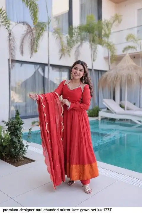 PREMIUM DESIGNER MUL CHANDERI MIRROR LACE GOWN SET KA 1237 B