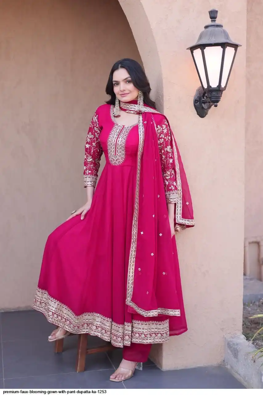 PREMIUM FAUX BLOOMING GOWN WITH PANT DUPATTA KA 1253 PINK