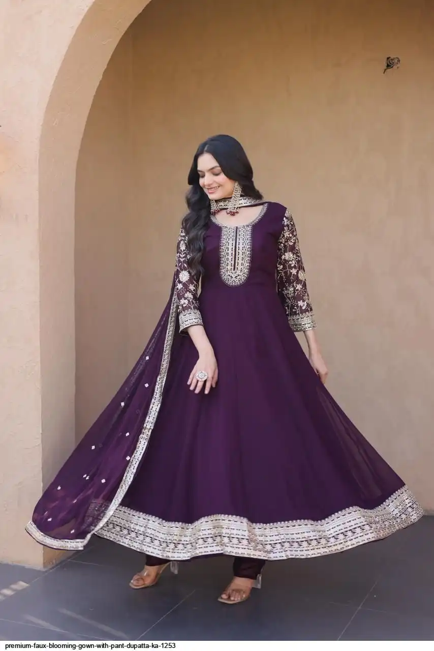 PREMIUM FAUX BLOOMING GOWN WITH PANT DUPATTA KA 1253 WINE