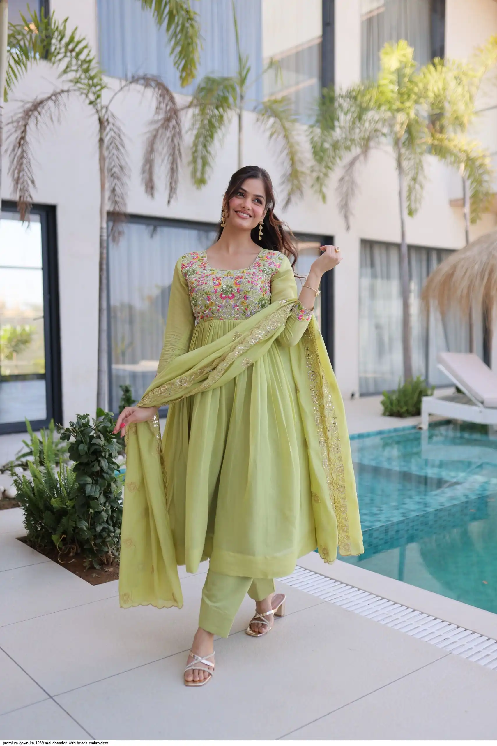 PREMIUM GOWN KA 1239 MAL CHANDERI WITH BEADS EMBROIDERY 1
