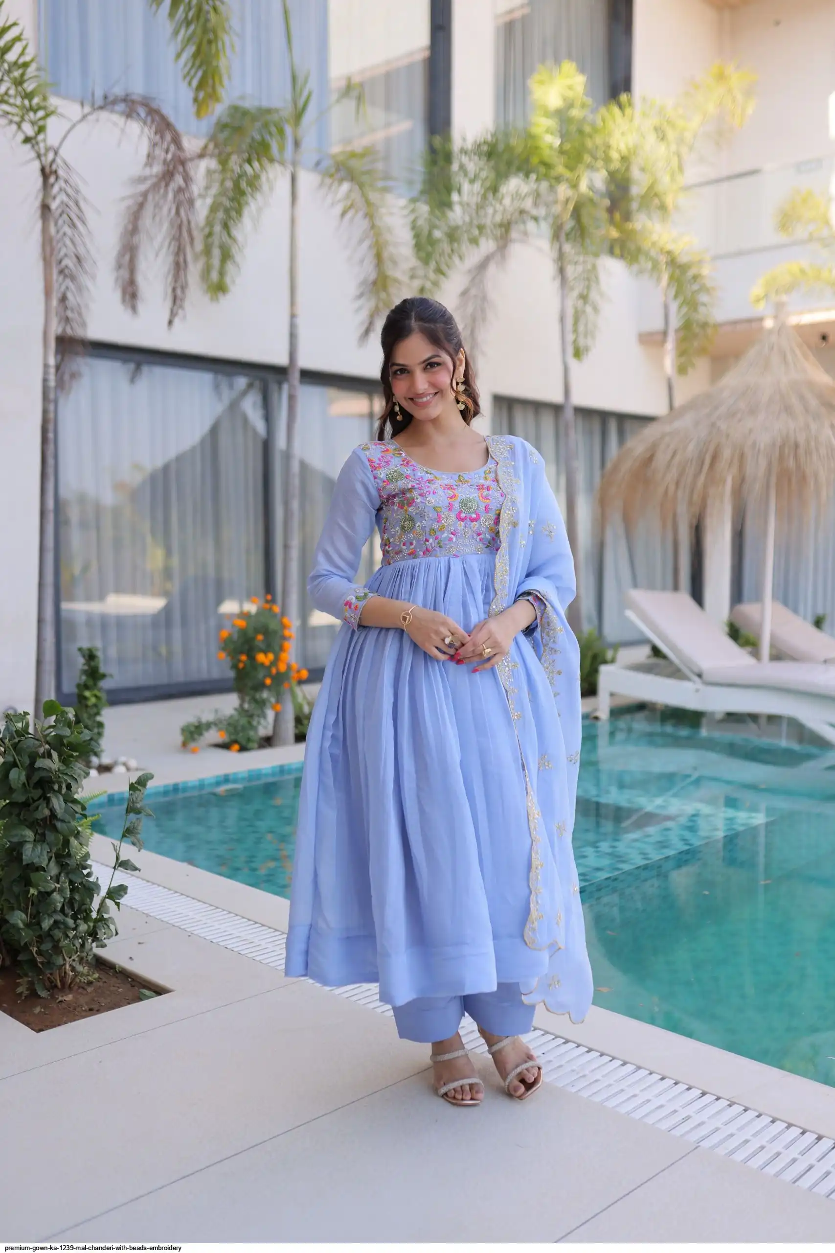 PREMIUM GOWN KA 1239 MAL CHANDERI WITH BEADS EMBROIDERY 2