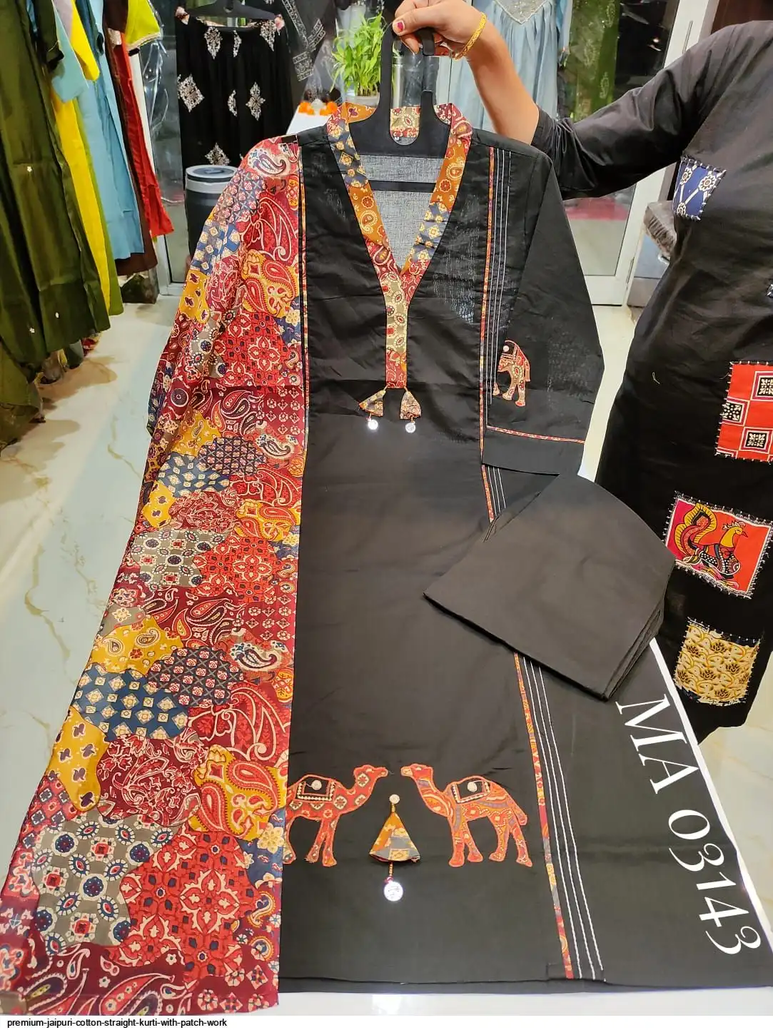 PREMIUM JAIPURI COTTON STRAIGHT KURTI WITH PATCH WORK A