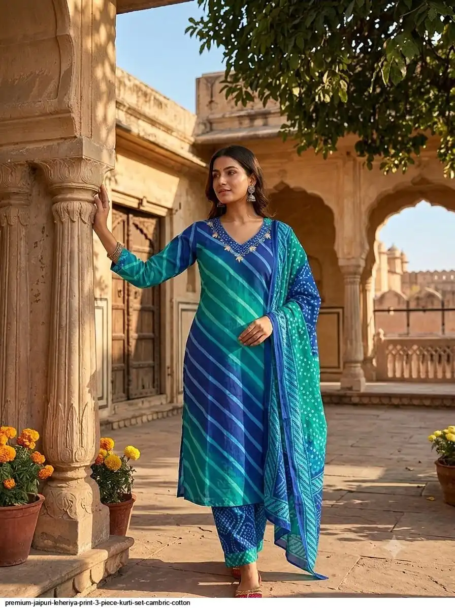 PREMIUM JAIPURI LEHERIYA PRINT 3 PIECE KURTI SET CAMBRIC COTTON A