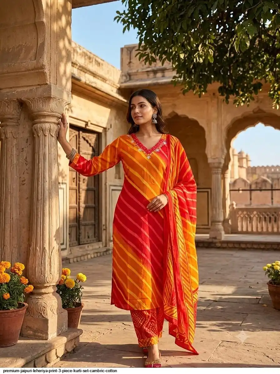 PREMIUM JAIPURI LEHERIYA PRINT 3 PIECE KURTI SET CAMBRIC COTTON B