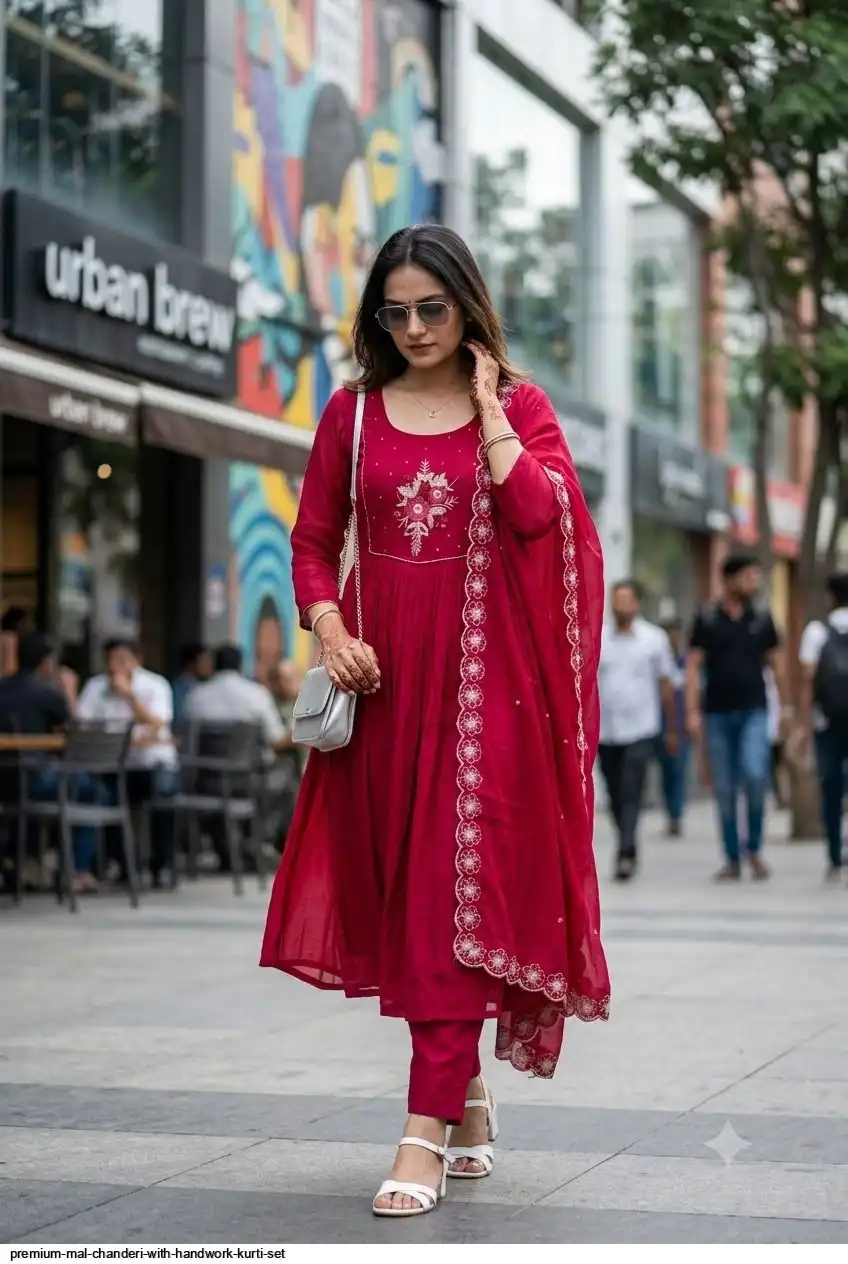 PREMIUM MAL CHANDERI WITH HANDWORK KURTI SET C