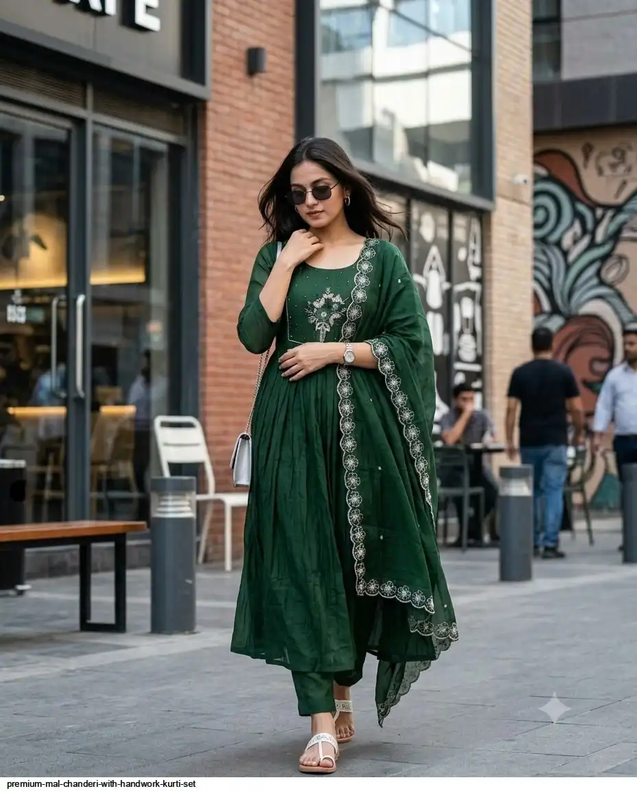PREMIUM MAL CHANDERI WITH HANDWORK KURTI SET D