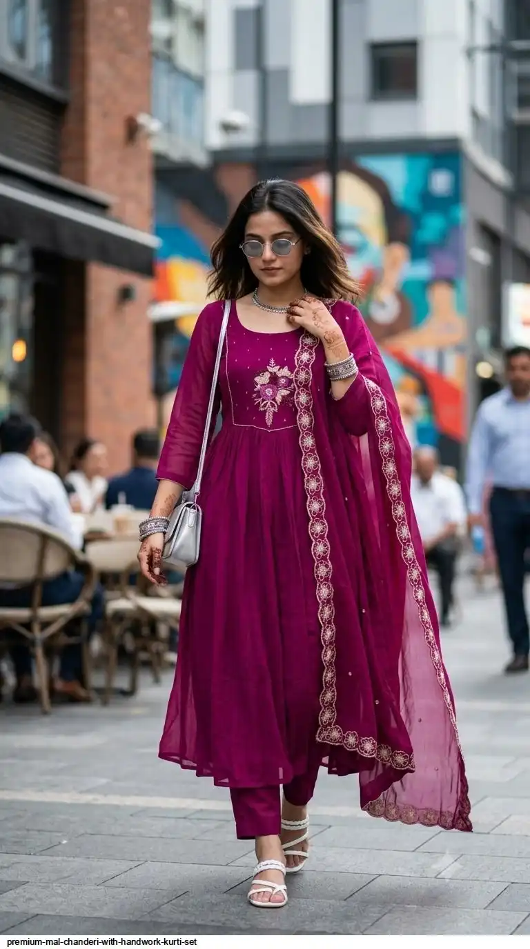 PREMIUM MAL CHANDERI WITH HANDWORK KURTI SET A