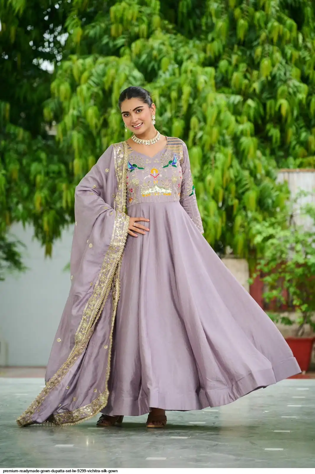 silk gown dress with dupatta Green Printed Work Silk Gown With Dupatta Set