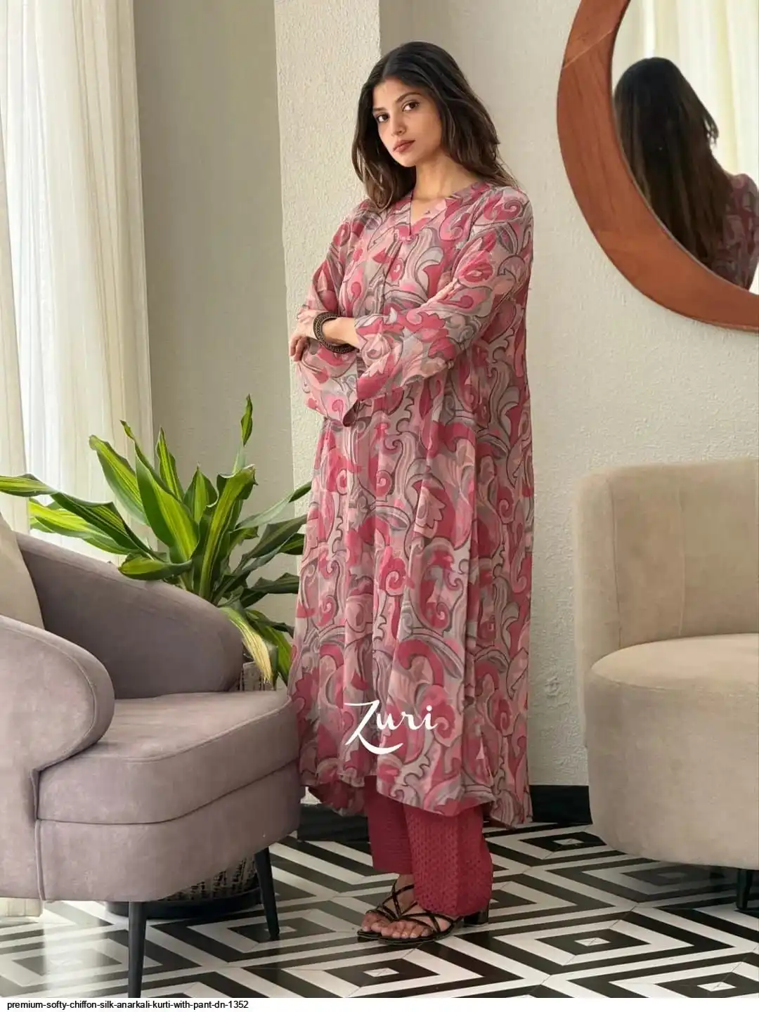 PREMIUM SOFTY CHIFFON SILK ANARKALI KURTI WITH PANT DN 1352 B