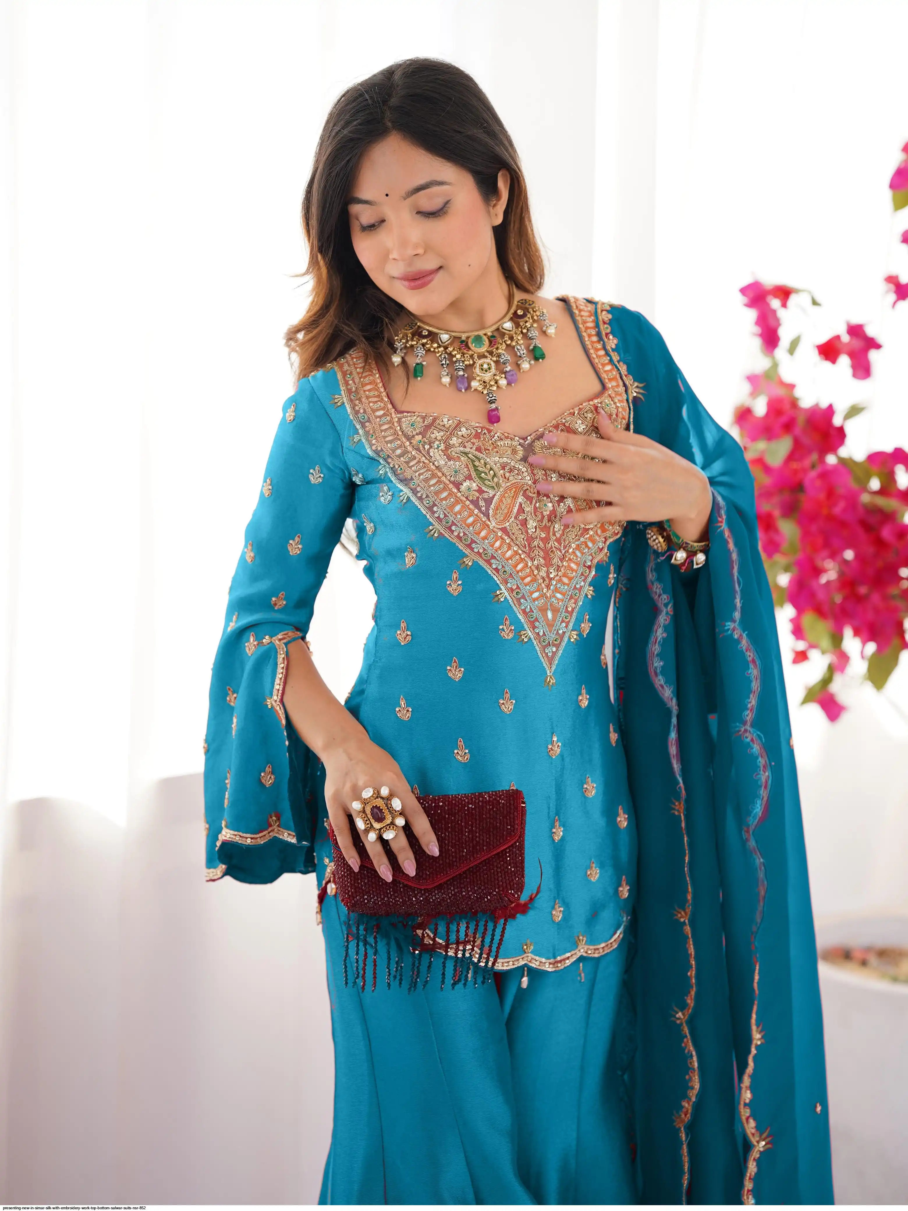 PRESENTING NEW IN SIMAR SILK WITH EMBROIDERY WORK TOP BOTTOM SALWAR SUITS NSR 852 3