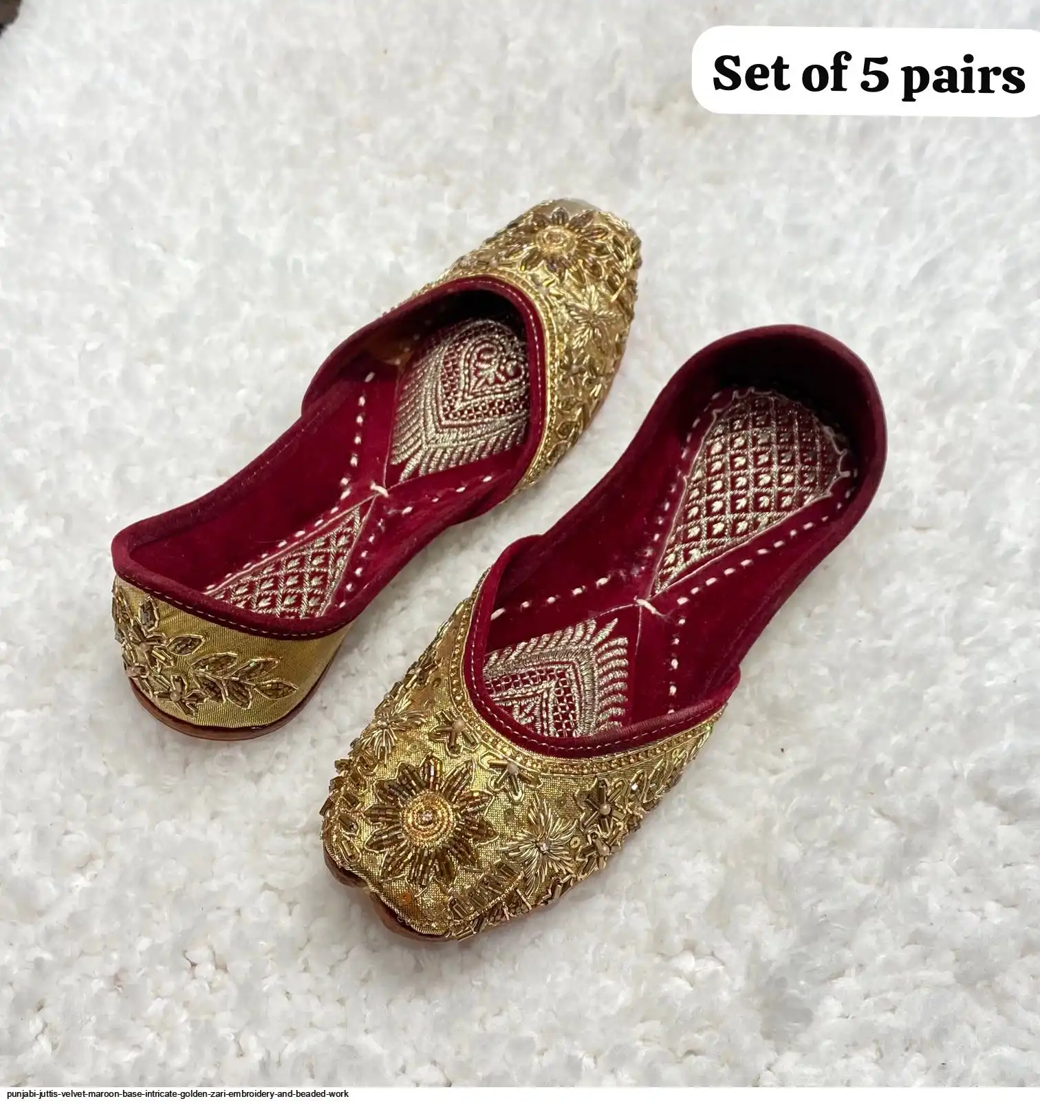 PUNJABI JUTTIS VELVET MAROON BASE INTRICATE GOLDEN ZARI EMBROIDERY AND BEADED WORK B