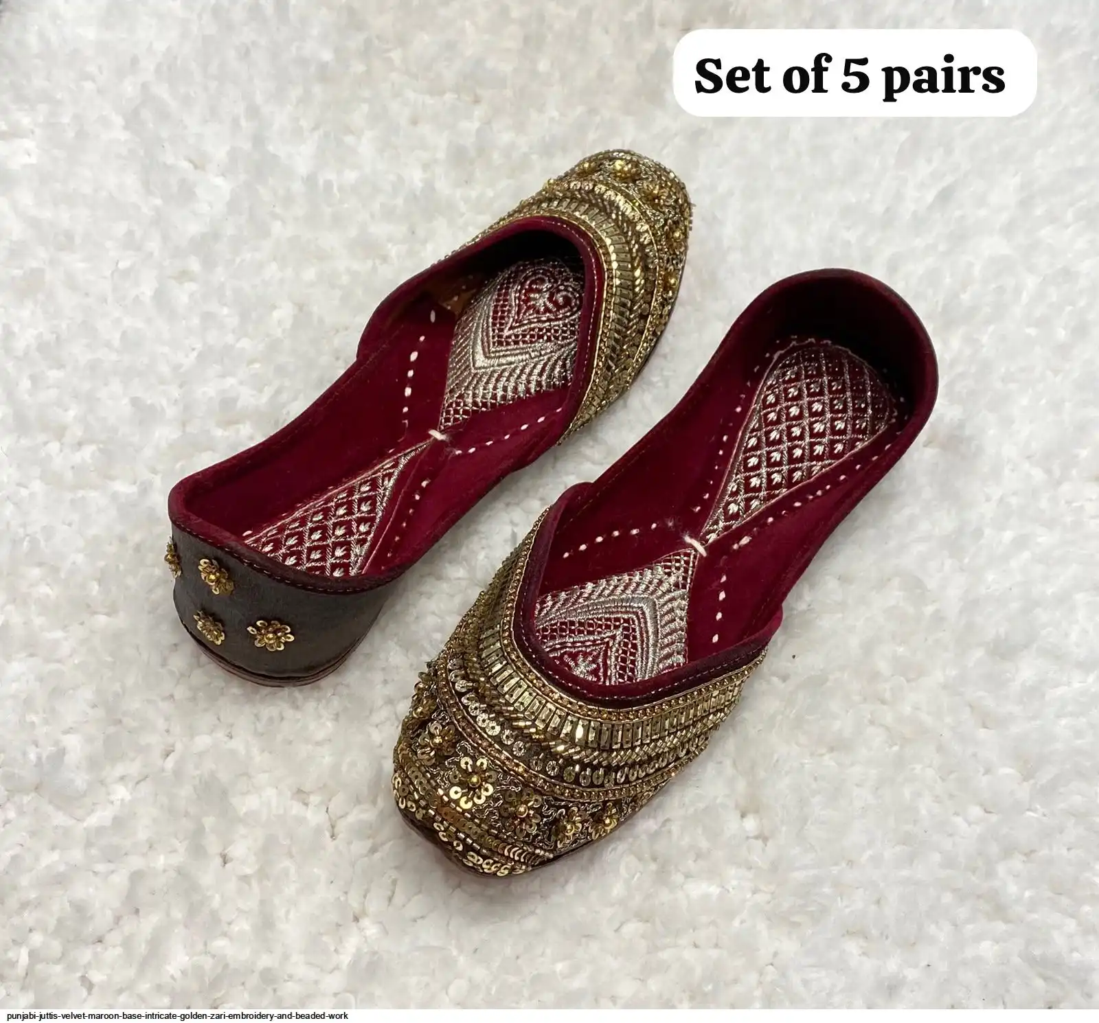 PUNJABI JUTTIS VELVET MAROON BASE INTRICATE GOLDEN ZARI EMBROIDERY AND BEADED WORK C