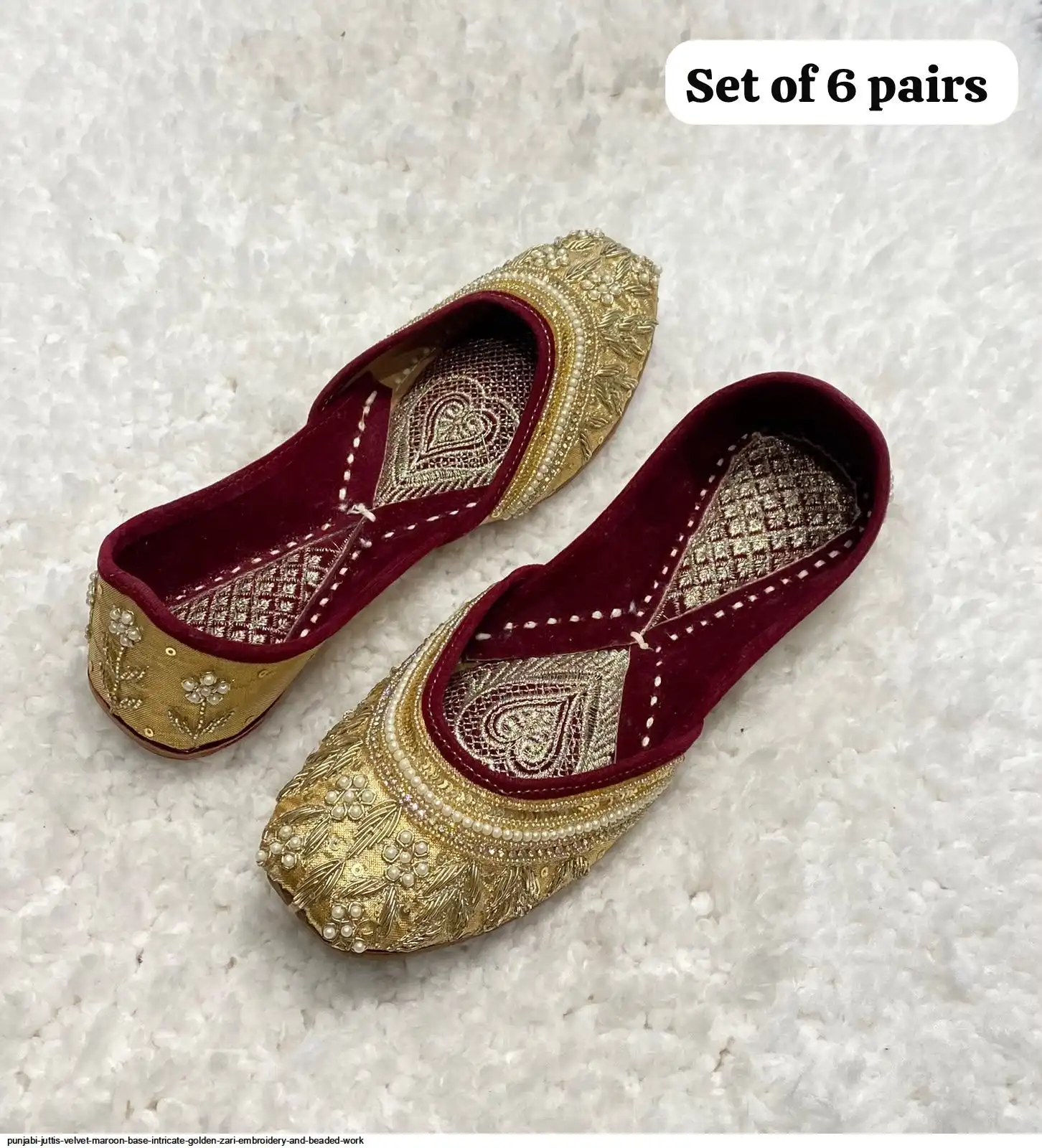 PUNJABI JUTTIS VELVET MAROON BASE INTRICATE GOLDEN ZARI EMBROIDERY AND BEADED WORK D