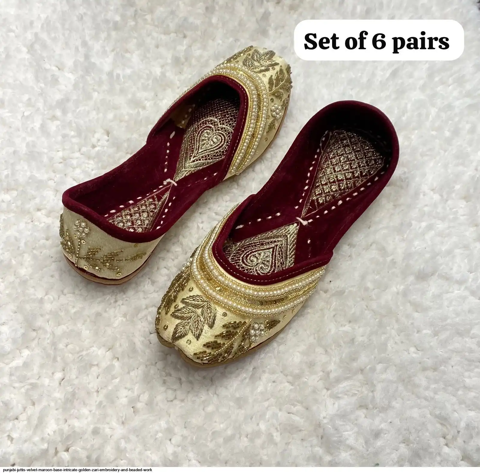 PUNJABI JUTTIS VELVET MAROON BASE INTRICATE GOLDEN ZARI EMBROIDERY AND BEADED WORK E