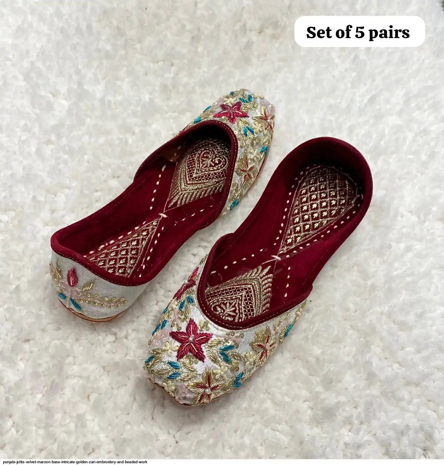 PUNJABI JUTTIS VELVET MAROON BASE INTRICATE GOLDEN ZARI EMBROIDERY AND BEADED WORK G