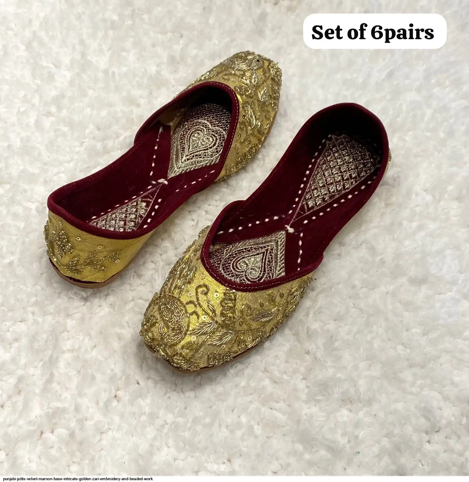 PUNJABI JUTTIS VELVET MAROON BASE INTRICATE GOLDEN ZARI EMBROIDERY AND BEADED WORK F