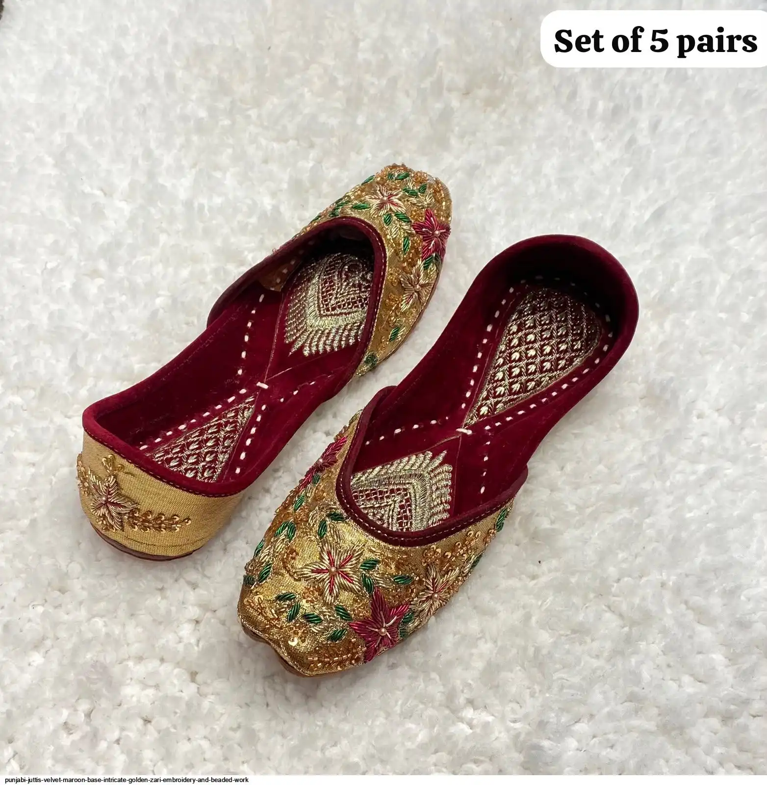 PUNJABI JUTTIS VELVET MAROON BASE INTRICATE GOLDEN ZARI EMBROIDERY AND BEADED WORK I