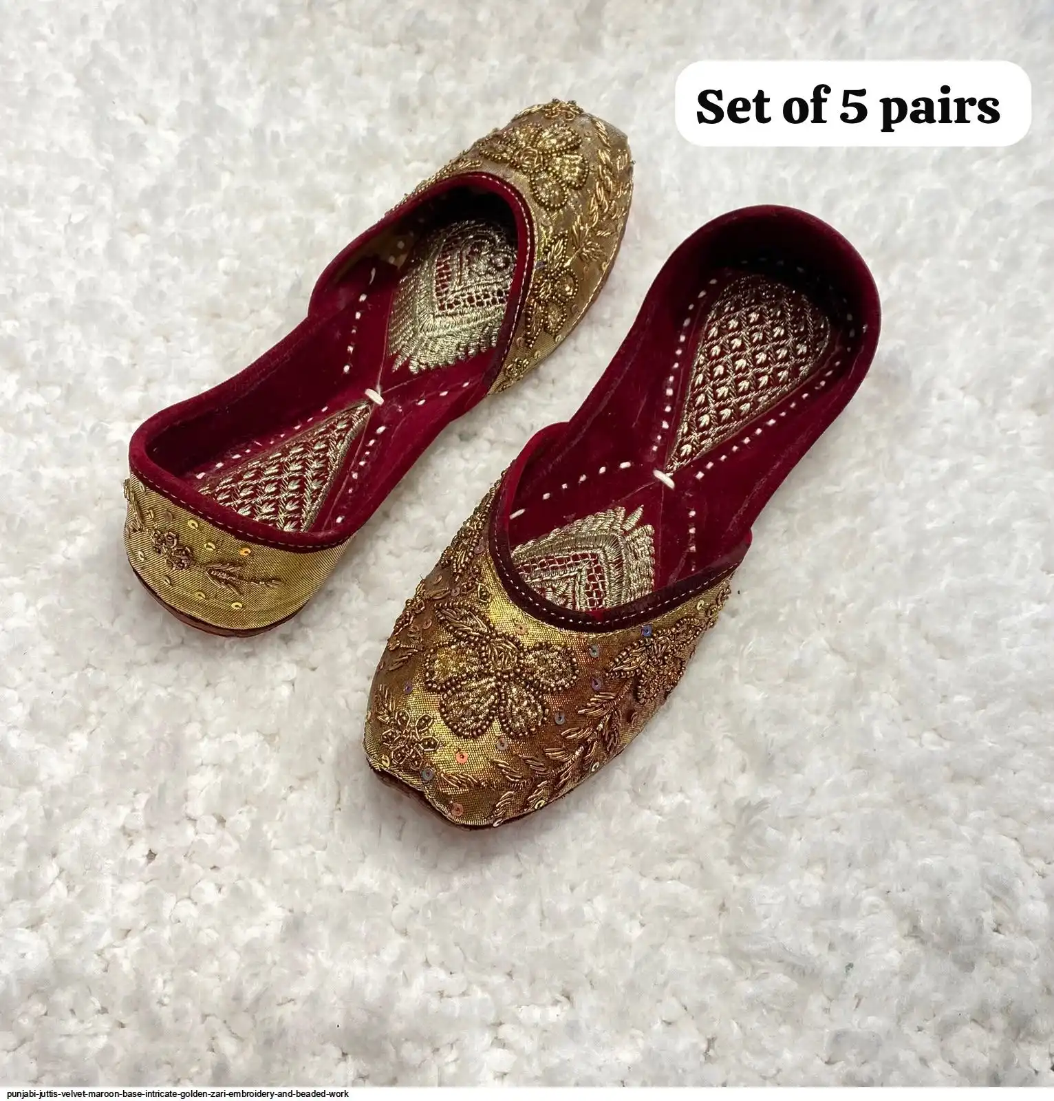 PUNJABI JUTTIS VELVET MAROON BASE INTRICATE GOLDEN ZARI EMBROIDERY AND BEADED WORK H
