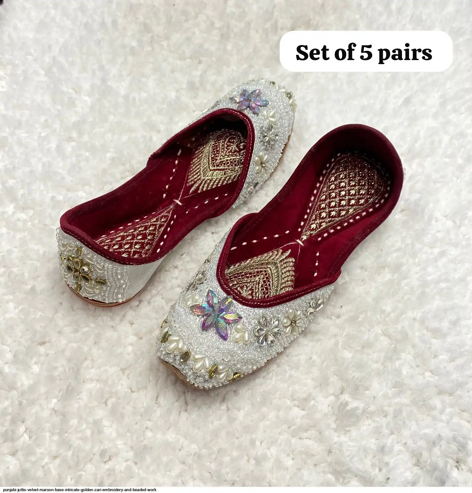 PUNJABI JUTTIS VELVET MAROON BASE INTRICATE GOLDEN ZARI EMBROIDERY AND BEADED WORK J