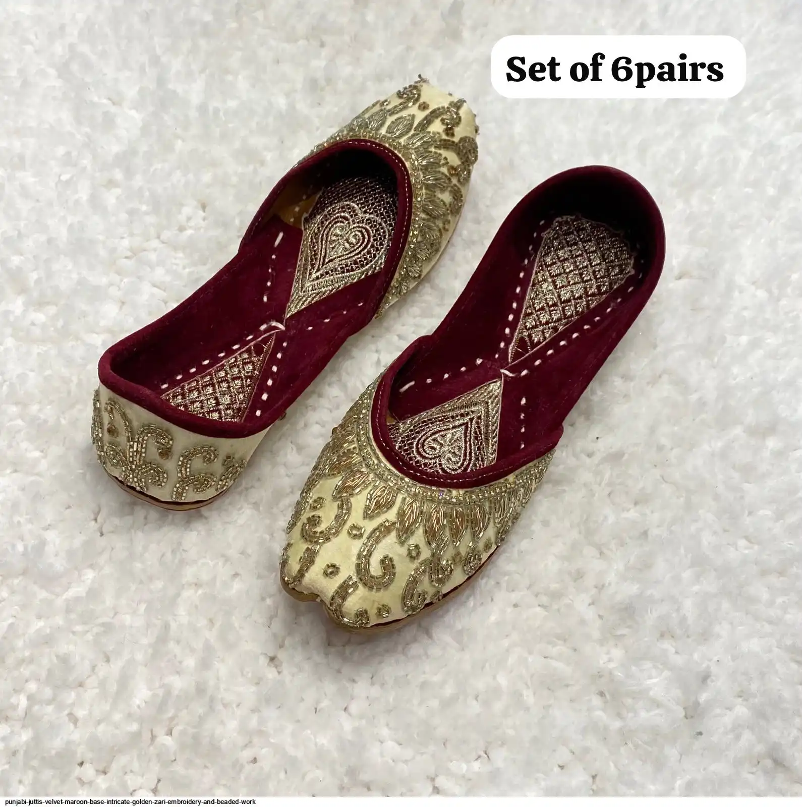 PUNJABI JUTTIS VELVET MAROON BASE INTRICATE GOLDEN ZARI EMBROIDERY AND BEADED WORK K