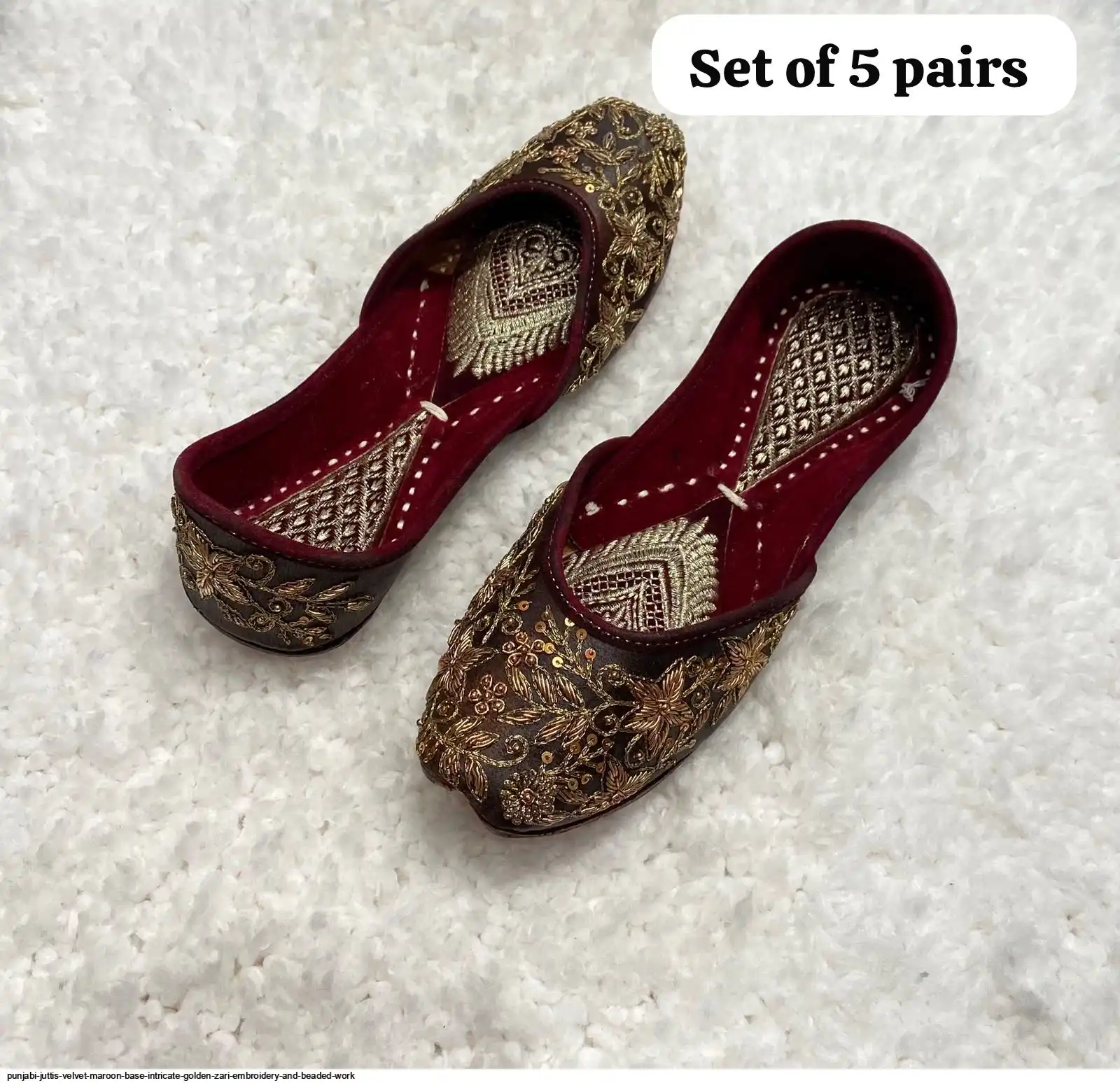 PUNJABI JUTTIS VELVET MAROON BASE INTRICATE GOLDEN ZARI EMBROIDERY AND BEADED WORK M