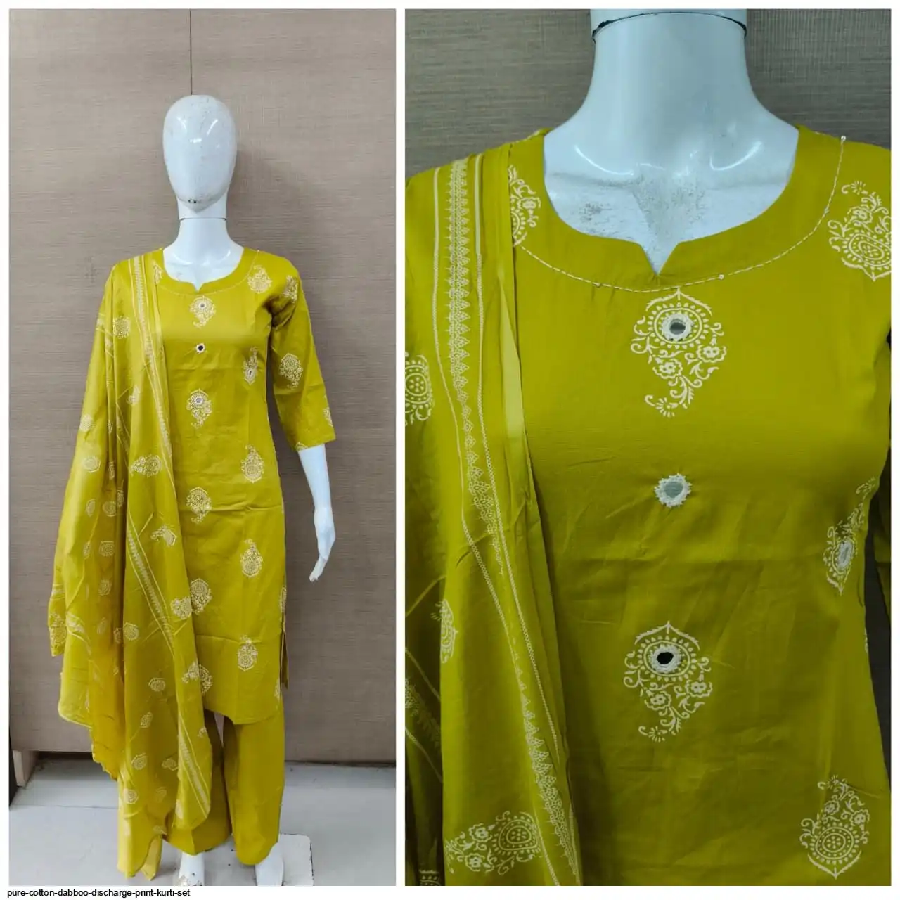PURE COTTON DABBOO DISCHARGE PRINT KURTI SET C